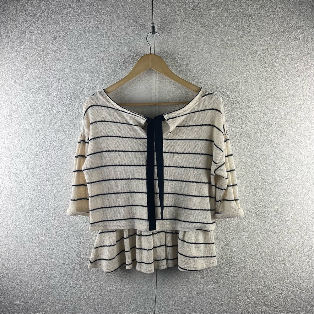 Anthropologie l S Postmark Latitude Striped Knit Keyhole Elbow Sleeve Peplum Top
